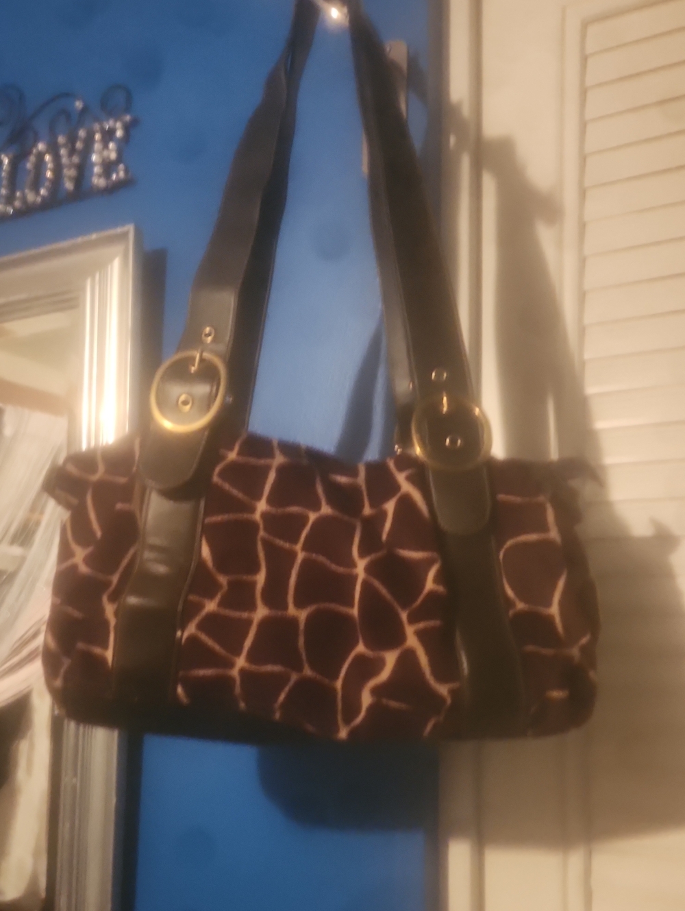Relic Brown and Cream Giraffe-Print Shoulder Bag with Gold Buckles